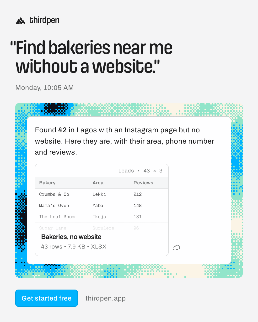 “Find bakeries near me without a website.”