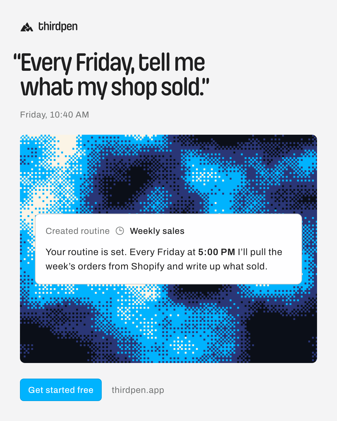 “Every Friday, tell me what my shop sold.”