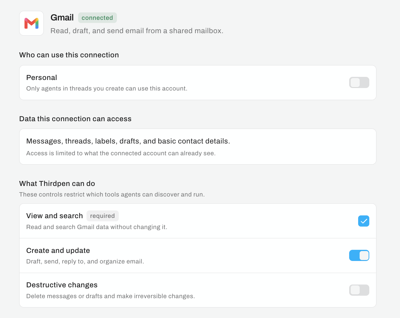 Thirdpen’s real integration list, including Gmail, Drive, Slack, Notion, and GitHub