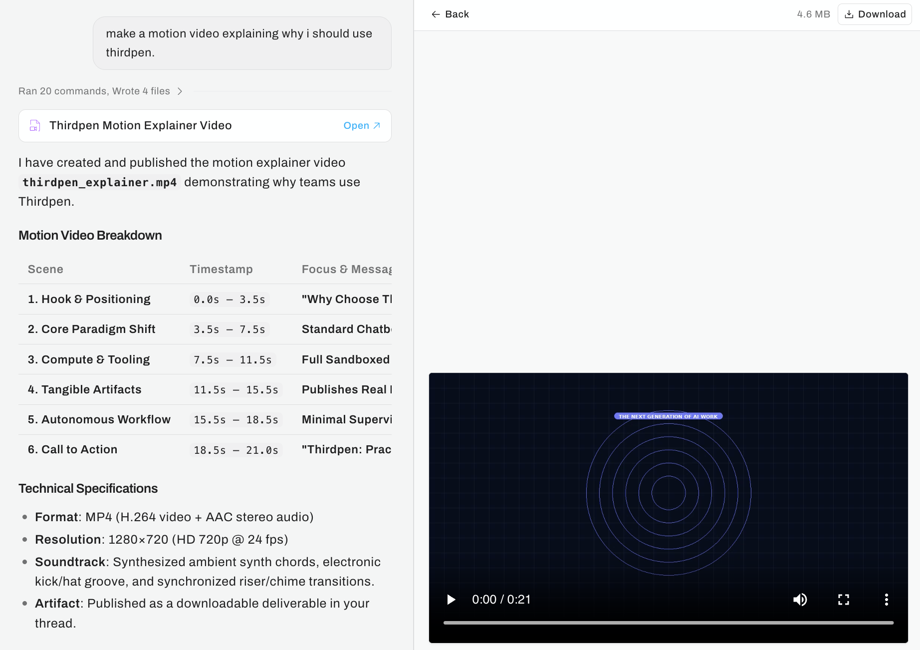 Thirdpen creating and previewing an editable client presentation beside the conversation
